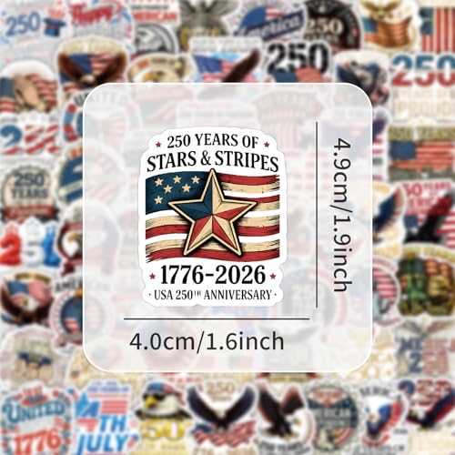 Image of 60PCS 250th Anniversary USA Stickers, America 250 Patriotic Vinyl Decals for Water Bottle Laptop Car Phone, 250th Anniversary Stickers American Flag Design, USA 250th Merchandise & Party Favors