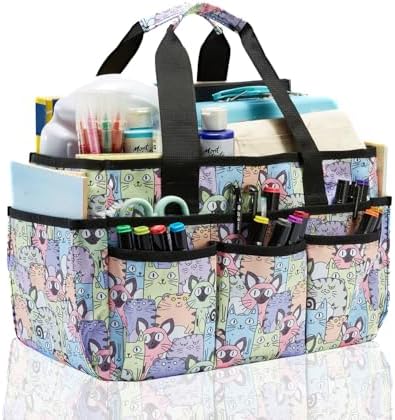 JOSIVIKY Craft Organizer Tote Bag, Art Caddy Bag with Multiple Pockets, Sewing Bags for Scrapbooking, School, Home and Office Supplies (Cat)
