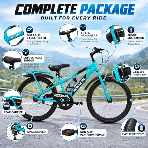 Image of Hercules Havoc 24T Kids Mountain Bicycle for Boys & Girls (Ages 10-14 Years) | Sports Cycle with 2.40 Wide Tyres, Front Rigid Fork, V-Brakes & Rear Carrier | Blue with Multi-Tool Kit