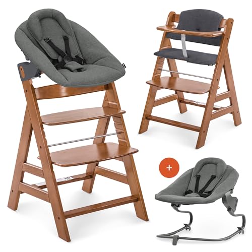 hauck Alpha+ Newborn Set mit Premium Bouncer Dark Grey - Baby Holz Hochstuhl ab Geburt mit Liegefunktion - extra flacher Aufsatz für Neugeborene & Baumwoll Sitzpolster - Walnuss