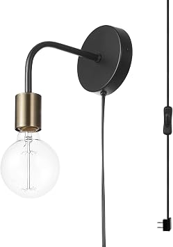 Globe Electric 52103 1-Light Long Arm Plug-in or Hardwire Wall Sconce, Matte Black, Matte Brass Socket, Wall Lights for Living Room, Bedroom, Den, Apartment Essentials, Mounted Bedside Lamp