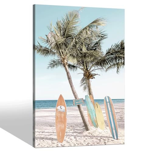 Sea Whisper Beach Surfboard Canvas Wall Art: Sunmmer Coastal Ocean Picture Tropical Palm Tree Painting Seascape Prints Artwork for Bathroom