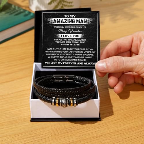 To My Man Bracelet, Husband Bracelet Gifts From Wife, Men Bracelets Gift, Braided Leather Stainless Steel Infinity Bracelets Lettering Love You Forever Jewelry Gifts For Man With Message Card & Box2