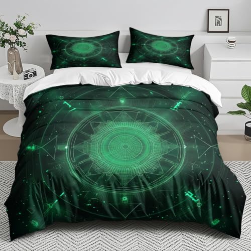 Housse de couette 140x200 mandala vert en microfibre avec ses 2 taies d'oreiller