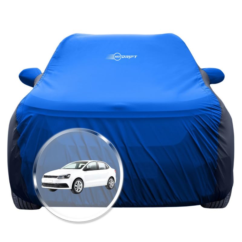 Image of NEODRIFT 'SuperTech' Car Cover for Volkswagen Ameo (100% Water-Resistant, All Weather Protection, Tailored Fit, Multi-Layered & Breathable Fabric) (Colour: Sky Blue+Black)