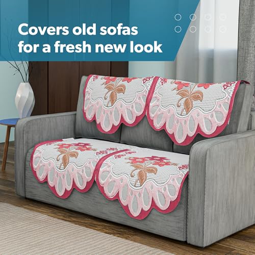 Image of Kuber Industries (Set of 4) Stylish & Durable Cotton Sofa Covers 2 Seater | Washable Sofa Protector /Mat & Slipcover for Hall, Living Room & Office | Painting Design-White & Pink