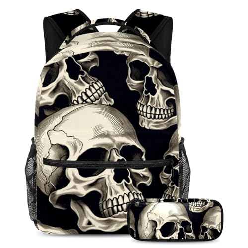 Grand sac à dos motif tête de mort métallique cool 58 et sa trousse scolaire pour étudiant