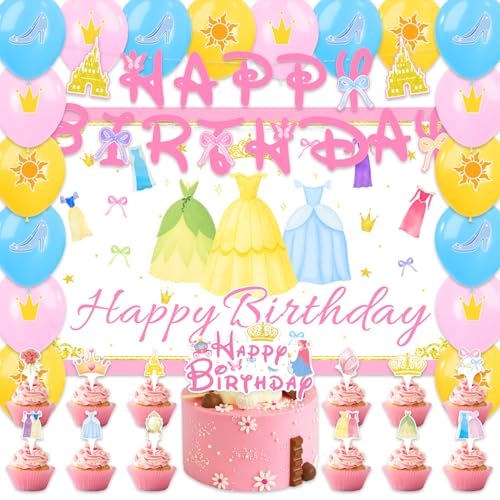 42Pack Princess Party decoration pack include Banner,Cake Toppers,Balloons，Blackdrop for Princess Birthdday Party Decoration