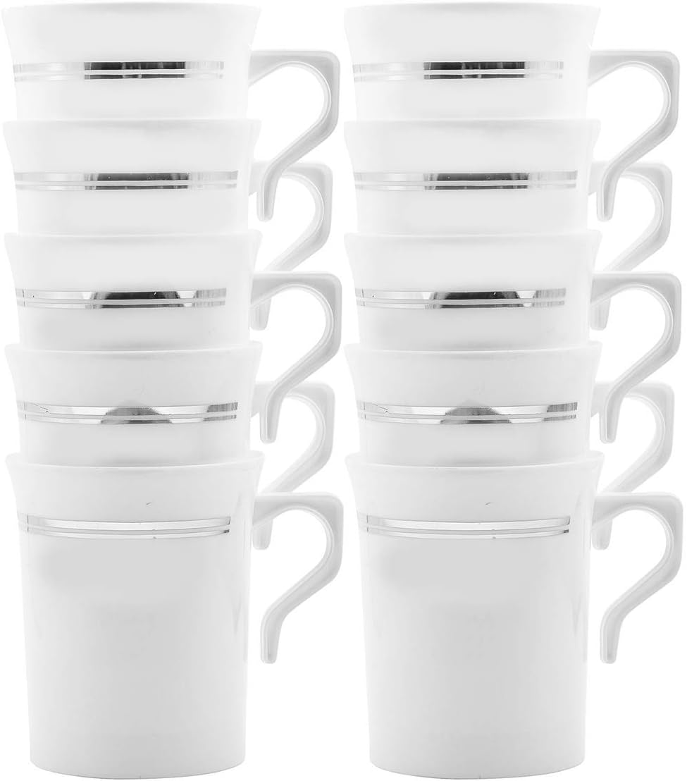 8 OZ COFFEE MUGS WITH HANDLE WHITE/SILVER TRIM PACK OF 10