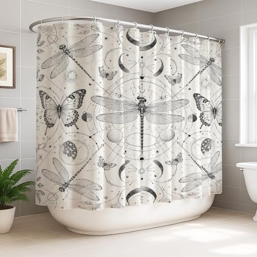 Rideau de douche extra large polyester imperméable noir motif libellule 274x183 cm