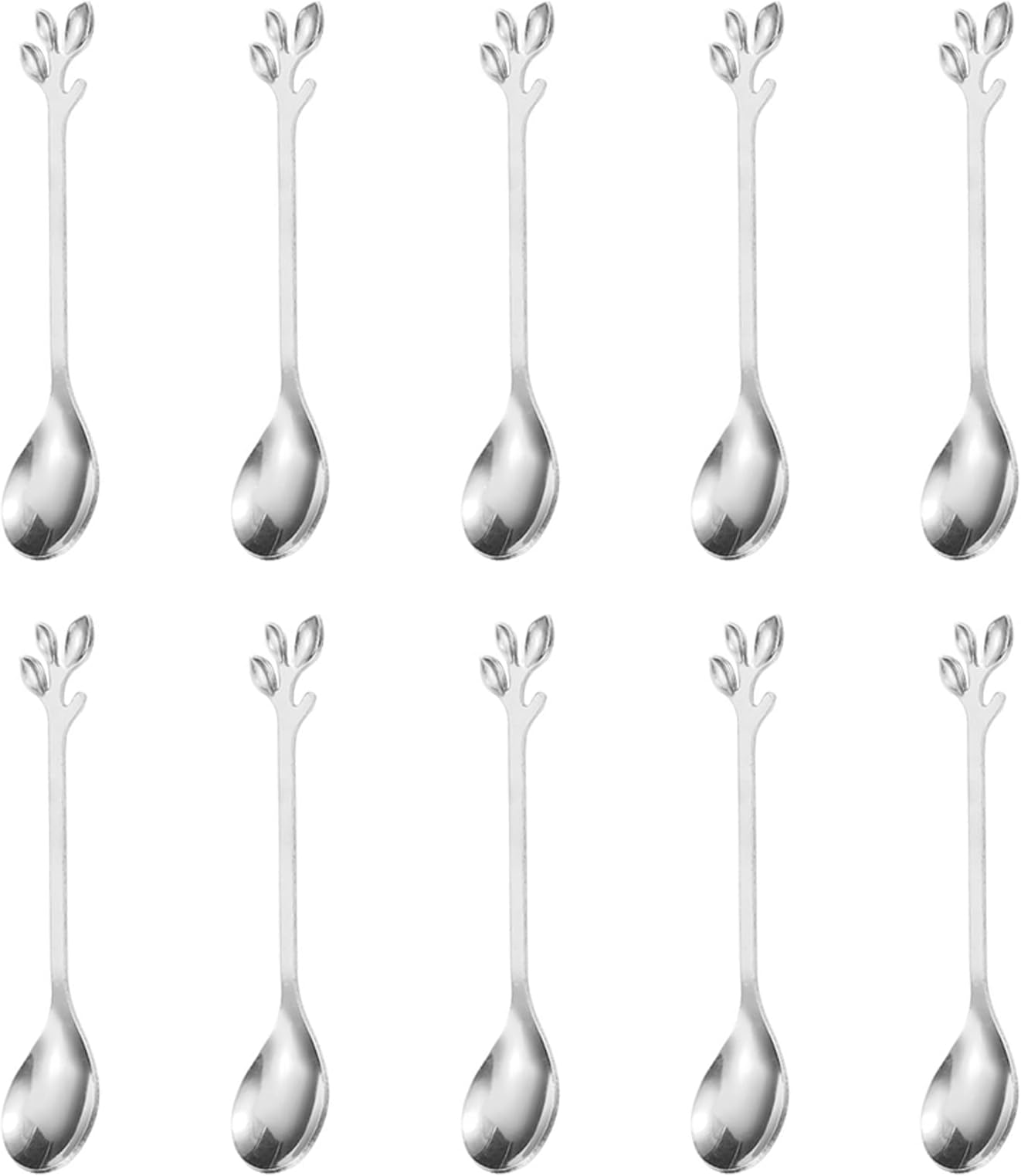 Husdeco Stainless Steel Silver Leaf Coffee Spoons Creative Tableware Dessert Teaspoons for Hot Tea Small Spoon for Condiments Mixing Sugar Stir Ice Cream Fruit Cake Spoons (10 PCS Silver Spoon)