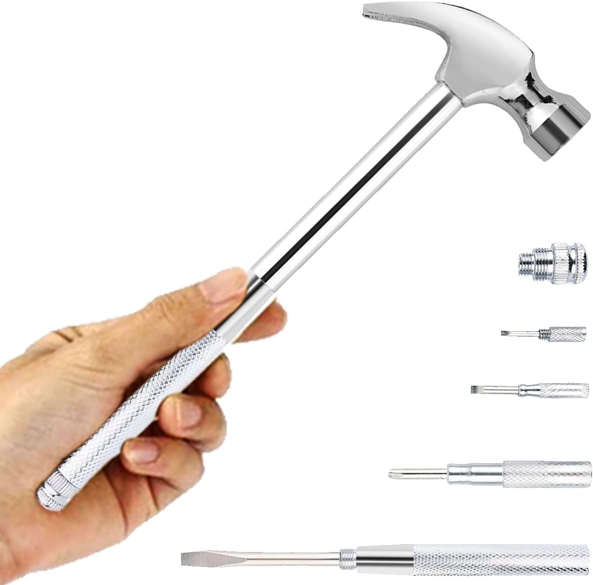 Multifunctional 6 in 1 Floral Hammer and Screwdriver Tool, Screwdriver Set with Multitool Hammers, Compact Screwdriver Set for Home（Silver)