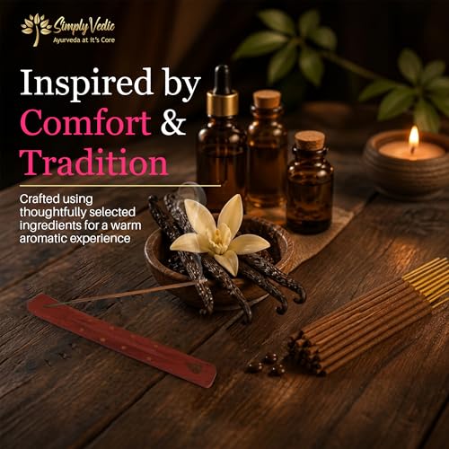 Image of Simply Vedic Luxe Vanilla Incense Sticks (50 Sticks) Hand Rolled Masala Agarbatti with Holder | Natural Long Lasting Fragrance for Relaxation Home Fragrance Meditation Comfort Aroma Low Smoke