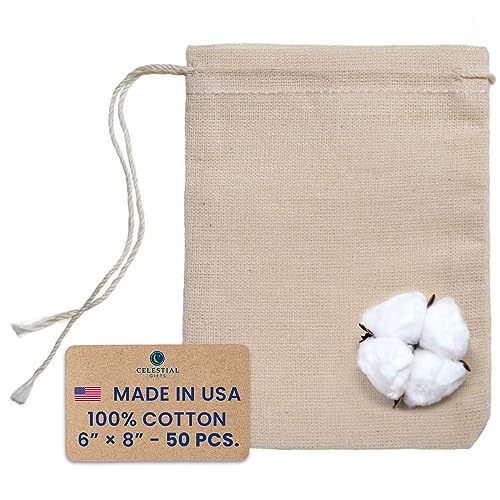 Celestial Gifts Muslin Bags with Drawstring 50pcs, 6x8 - Large Drawstring Bags Bulk - Drawstring Gift Bags for Party Favor and DIY Craft - 100% Cotton - Made in USA - (Natural Hem & Drawstring)