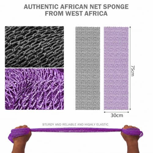 Image of UJFQBH African Net Sponge Authentic 3 Pack, the Gentle Exfoliating Body Scrubber that Unclogs Pores, Reaches Your Back, Dries Fast, and Leaves Skin Smooth Day After Day（Purple, Black, Gray）