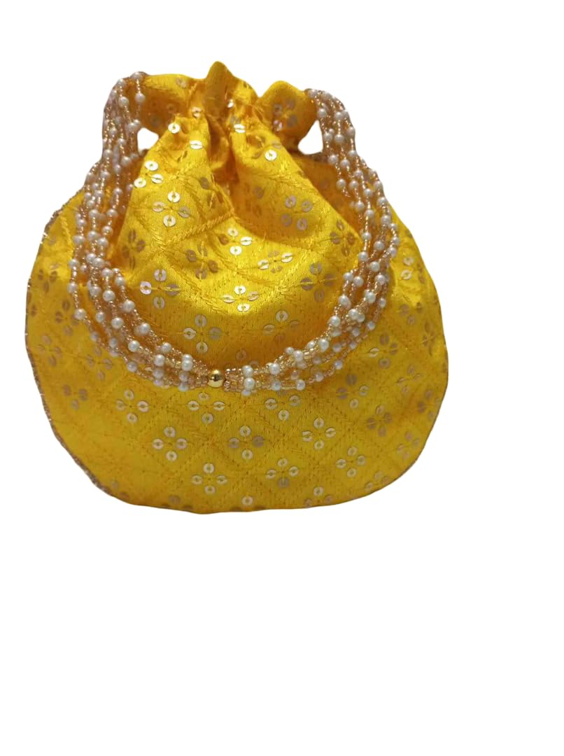 Veneva Traditional Yellow Potli Purse for Women, Ethnic Silk Embroidery Batwa Bag with Drawstring and Pearl Bead Strap, Bridal, Wedding, and Festive Return Gift Pouch-image-39