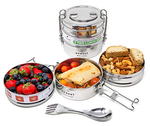 ecozoi Leak Proof Stainless Steel Bento Box, 3-Tier Stackable Lunch Box with Bonus Spork, Spoon and Fork, Eco Friendly Tiffin Lunch Box, Plastic Free BPA Free Lunch Container (42 oz)