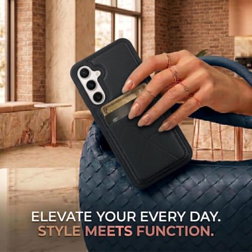Image of amazon basics Premium Vegan Leather Back Cover with Card Holder and Integrated Mobile Stand for Samsung Galaxy S25 Plus 5G - Slim Shockproof Wallet Case with Geometric Stitching [Black]