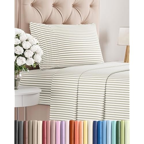Twin Size 3 Piece Sheet Set - Breathable & Cooling Sheets - Beige Stripes