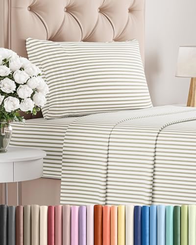 Twin Size 3 Piece Sheet Set - Comfy Breathable & Cooling Sheets - Hotel Luxury Bed Sheets for Women & Men - Deep Pockets, Easy-Fit, Soft & Wrinkle Free Sheets - Beige Stripes Oeko-Tex Bed Sheet Set
