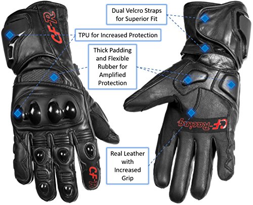 Carbon Fiber Racing - Mens Womens Motorcycle Motorbike Powersports Off-Road Motocross Racing Street Bike Cruising Tactical Paintball Airsoft Hard Knuckle Gauntlet Full Length Leather Gloves (Medium) #TOP5