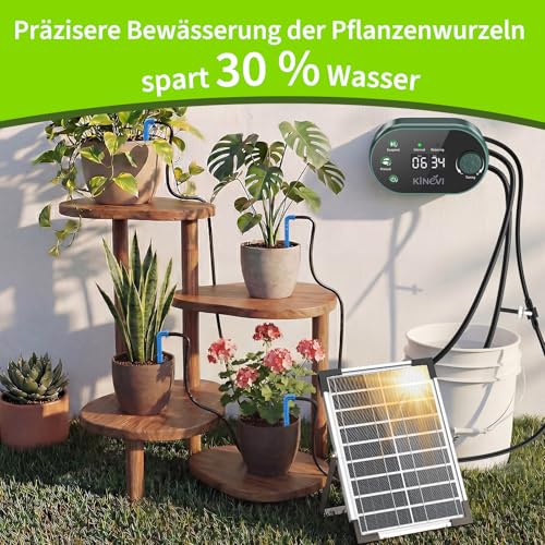 Solar Bewässerungssystem, Garten Automatisches Bewässerungs mit 22 Modi Timer, 30M Schlauch & 30 Tropfstrahler, Tropfbewässerung Set für Balkon, Hochbeet, Gewächshaus & Outdoor Topfpflanzen (8W)
