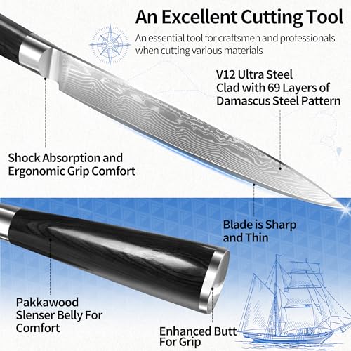 Image of XYJ 5 Inch Damascus Steel Utility Knife, Small Damascus Steel Carving Knife for Kitchen Use, Multipurpose Kitchen Knife for Vegtable, Meat Cuttting