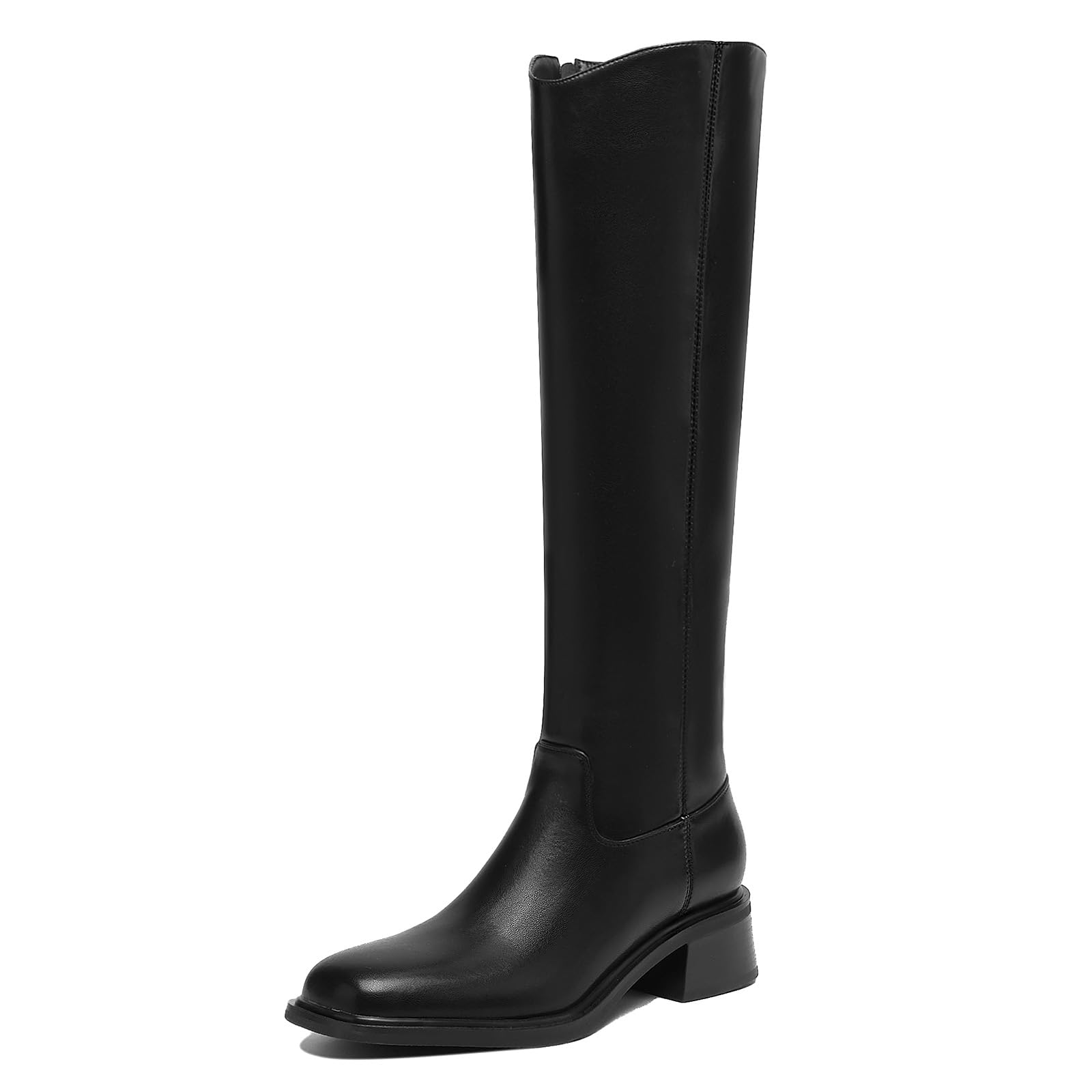 Womens Knee-High Leather Boots Square Toe - 1 5 Chunky Heel Side Zipper Mid-Calf Height Black Brown