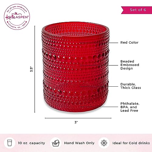 Image of Kate Aspen Retro Arch Floral Red Drinking Glasses Set of 6, 10 oz Vintage Ribbed Glass Cups, Christmas Glassware & Holiday Drinkware, Valentine's Day & Holiday Hostess Gift