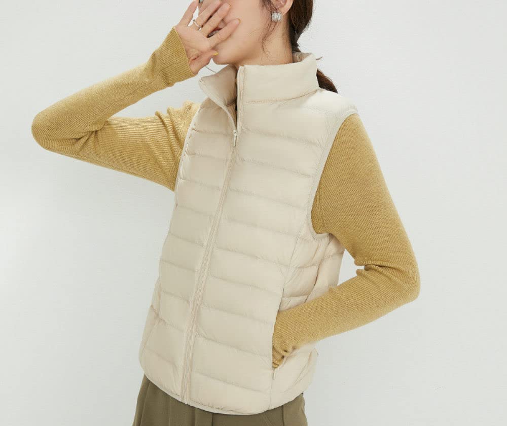 Gilet Femme Hiver Chaud, Gilet Matelassé Léger en Duvet Beige Gilet De Transition À Col Montant Veste sans Manches d'hiver Gilet Matelassé Élégant Gilet Chaud Femmes Gilet Bouffant Office Home