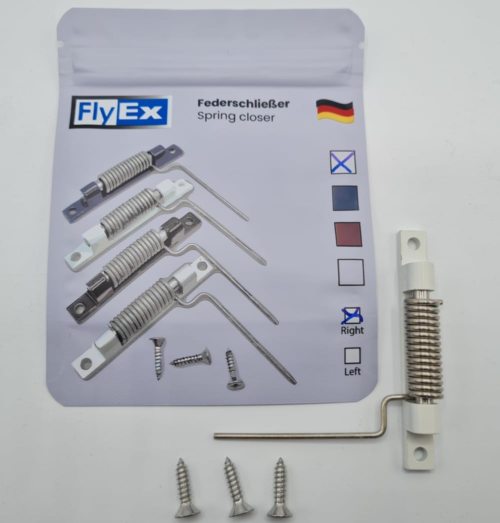 FlyEx Profi Federschließer Zugfeder Rückholfeder Fliegengittertür Schliesser Feder Fliegengitter Fenster Balkontür (Weiß - Links)