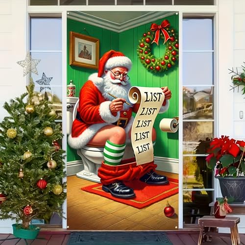 Image of BlissYard Christmas Door Cover Santa Bathroom 35x71 Inch Polyester