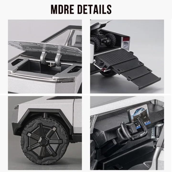 Image of Exclusive Alloy Metal Pull Back Die-Cast Car Diecast Metal Pullback Toy Car with Openable 6 Doors,Light Music Boys Gifts Toys (1:24 Tesla Cybertruck-Silver Color)