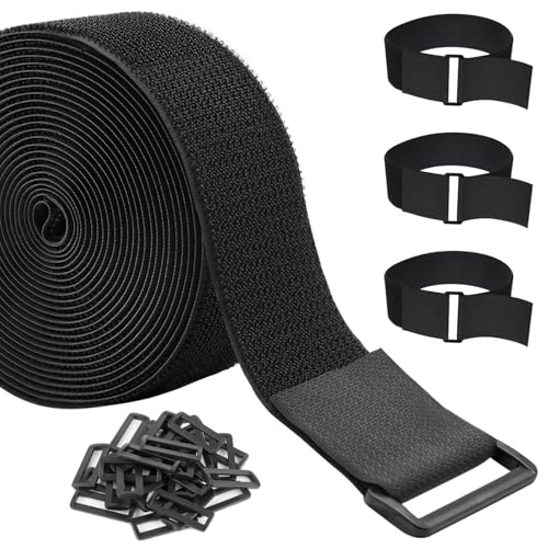 ZSURLUX 3,8cm*5m Klettband mit 20 Schnallen, Breit Klett Kabelbinder Wiederverschließbar, Klettverschluss Band Verstellbar, Klettgurt mit öse zur Organize und Aufbewahrung Schwarz