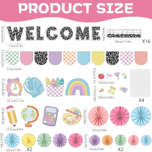Welcome Back Bulletin Board Set with 3D Composition Notebook Classroom Decorations Pencil Crayon Rainbow Cutouts Paper Fans for Back to School Kindergarten Library Home Wall Window Decor Supplies - Image 2