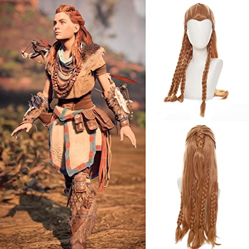 The Movie Genshin Impact of Aloy Cosplay Perücken für Frauen Lange Zöpfe Hellbraun Synthetik Kostüm Perücke mit Pferdeschwanz Hörfestes Anime Haar für Mädchen Halloween Gebrauch Cover