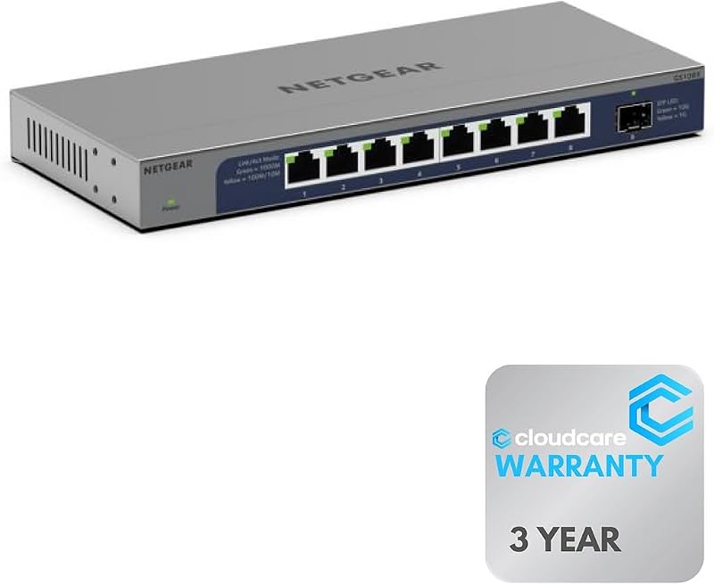 NETGEAR GS108X 8-Port 𝐆𝐢𝐠𝐚𝐛𝐢𝐭 𝐒𝐰𝐢𝐭𝐜𝐡 | Unmanaged | 10Gb Ethernet SFP+ Uplink | Desktop and Wall Mountable | Cloud Care's 3 Year Warranty SupportPlus Included