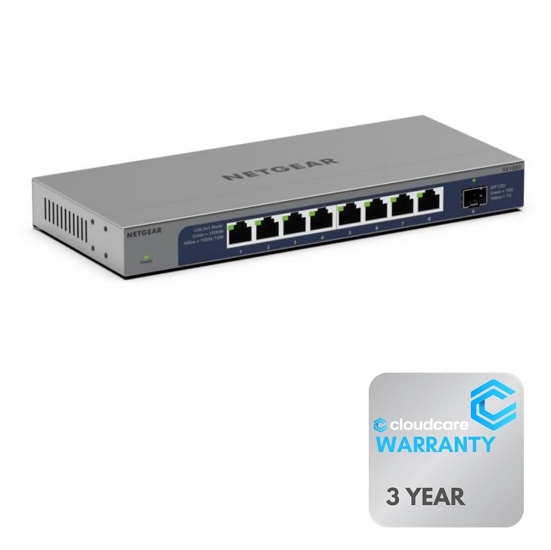 NETGEAR GS108X 8-Port 𝐆𝐢𝐠𝐚𝐛𝐢𝐭 𝐒𝐰𝐢𝐭𝐜𝐡 | Unmanaged | 10Gb Ethernet SFP+ Uplink | Desktop and Wall Mountable | Cloud Care's 3 Year Warranty