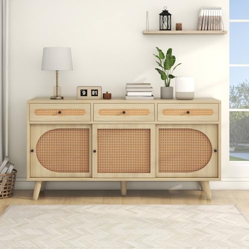 YEHTOKHOME - Aparador de comedor, armario de almacenamiento de roble con 3 cajones, 3 puertas de ratán, estantes ajustables, patas de madera maciza, aparador de sala de estar, 140x40x78 cm (roble)