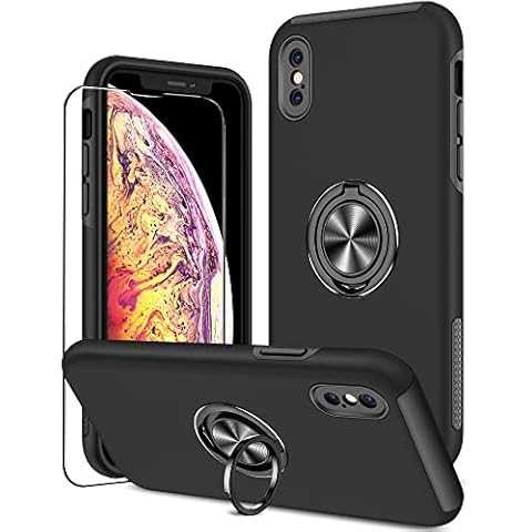 KRAFTCARE Case Compatible for iPhone X and XS with Kickstand Ring and Screen Protector, Shockproof and Anti Scratch Magnetic Built-in Ring Stand Case Compatible for iPhone X/XS - Black Cover