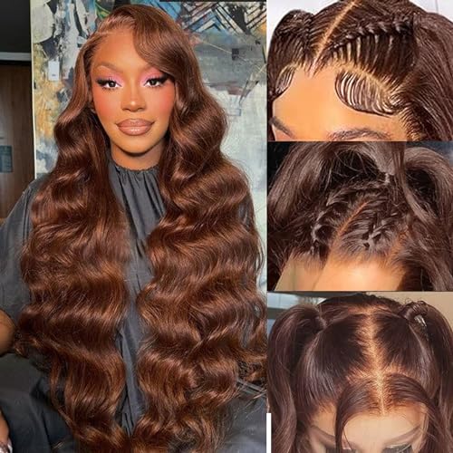 Alipeacock 13x4 Chocolate Brown Lace Front Wigs Human Hair with Baby Hair 180 Density Body Wave Lace Frontal Wigs Pre Plucked Glueless 4# Brown Wig 26Inch