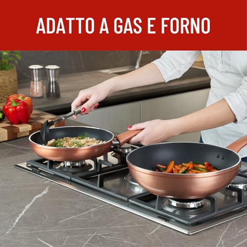Lagostina Set di Pentole e Padelle Antiaderenti in Alluminio per Gas e Forno 8 Pezzi, Esterno Effetto Rame, Indicatore Cottura Thermo-Signal, con 2 Casseruole, 2 Padelle, Tegame, 3 Coperchi - Immagine 5