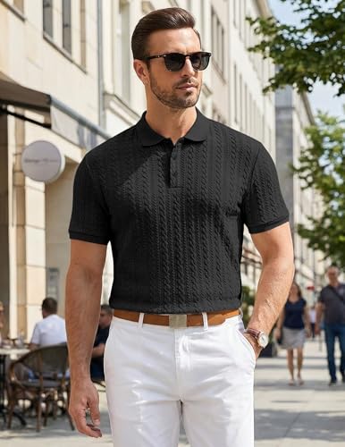 Image of JMIERR Men's Casual Polo Shirt Knitted Textured Short Sleeve Stretch Golf Shirt Summer Vacation Beach Collared Shirts