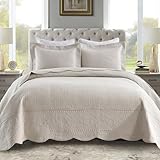 MarCielo 3-Piece 100% Cotton Oversized Bedspread Lightweight Quilt Coverlet Embroidery Farmhouse Bedding Set (TG Cream, Oversized Queen (100