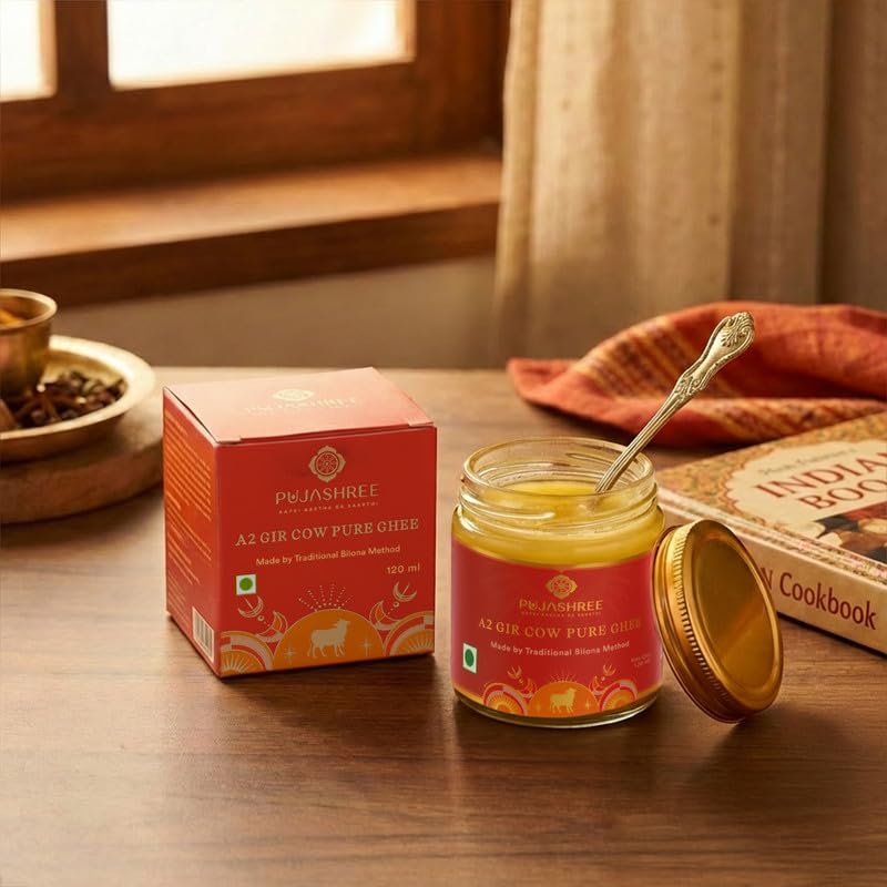 Image of Pujashree A2 Gir Cow Pure Ghee, For Prasad Offering, Traditional Bilona Method, Made from Indigenous Gir Cow Milk, For Daily Healthy Meals, Digestion and Holistic Wellbeing, 120 ml