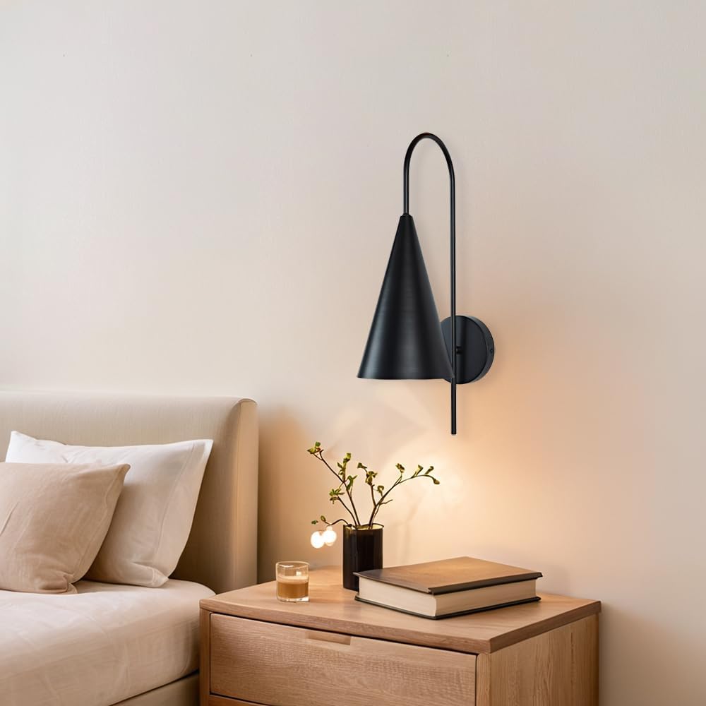 Modern Matte Black Metal Conical Sconce, Industrial Gooseneck Wall Light for Bedroom, Hand-Polished Durable Metal Finish Wall Mounted Light for Living Room, Elegant Light Fixtures for Indoor