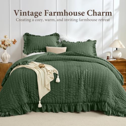 Image of JOLLYVOGUE Olive Green Queen Comforter Set,3pcs Ruffle Seersucker Bed Set | OEKO-TEX Certified, All Season, Down Alternative Fill, Lightweight Bedding Set with Ruffle Comforter & Pillowshams, Easy Care