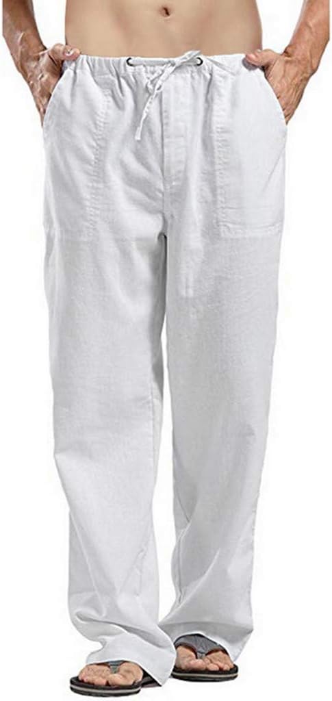 Mens Casual Cotton Linen Pants Elastic Waist Drawstring Beach Summer Pants Lightweight Linen Trousers