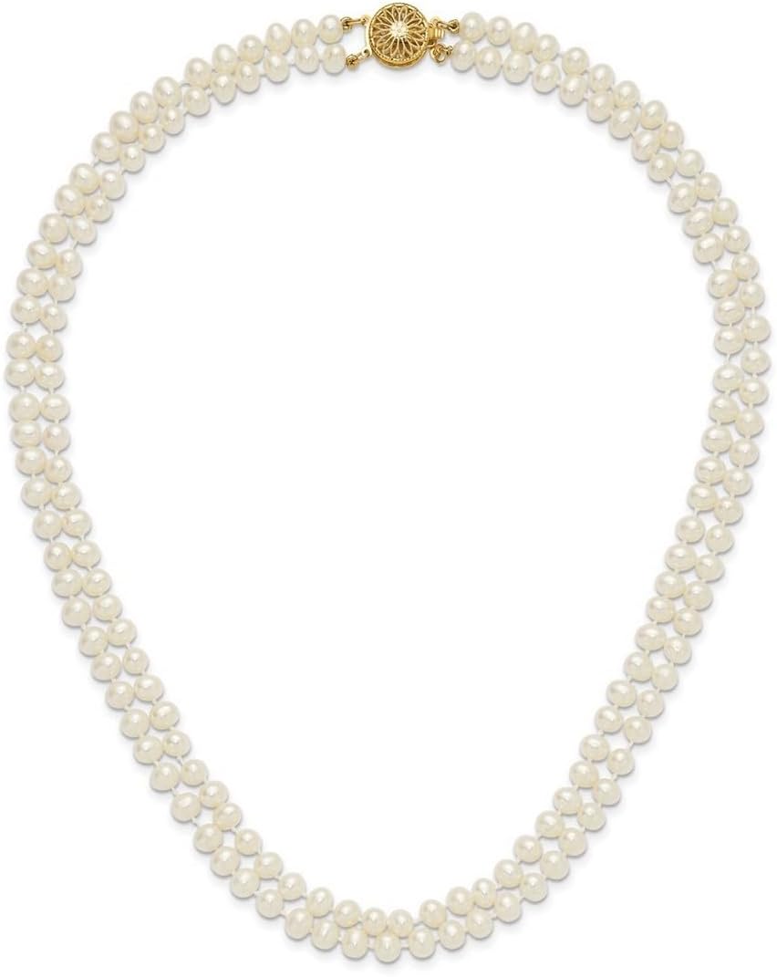 14k Solid Gold 5-6mm Near Round White Freshwater Cultured Pearl Double Strand Necklace 18 Inch Strand for Women