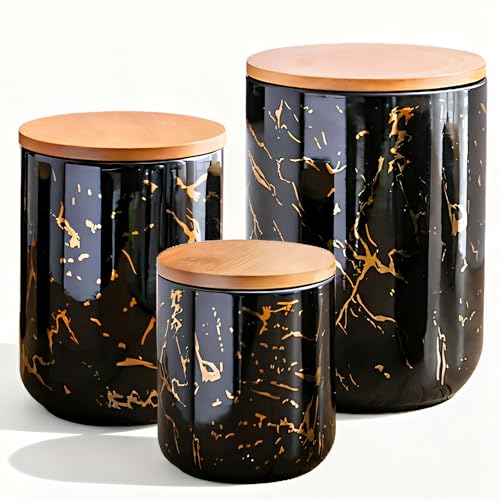 JOJUNO Ceramic Canister with Wooden Lid – Airtight Food Storage Jar for Kitchen Counter, Coffee, Tea, Sugar, Flour – Modern Pantry Container in Elegant Black